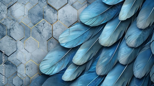 Blue and turquoise feather design on light 3D wallpaper, grey marble, wood hexagon tiles, white golden accents, black seams, Illustration, realistic texture, © Muhammad