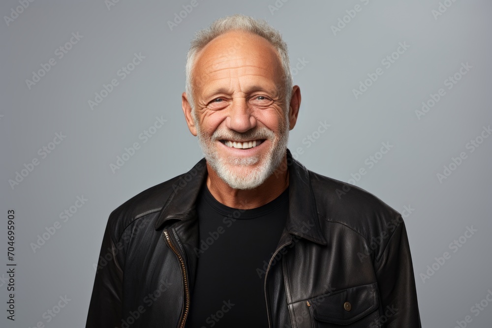 Portrait of a happy senior man in a leather jacket. Isolated on grey background. Portrait of a happy senior man in a leather jacket. Isolated on grey background.