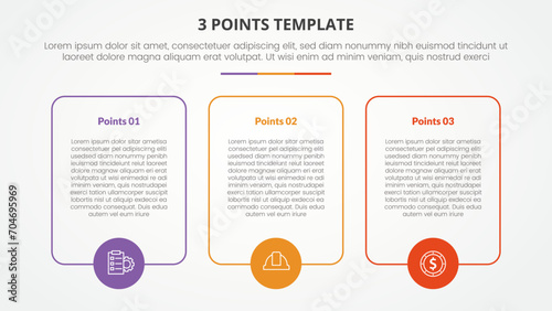 3 points stage template infographic concept for slide presentation with big box outline with circle on bottom with 3 point list with flat style