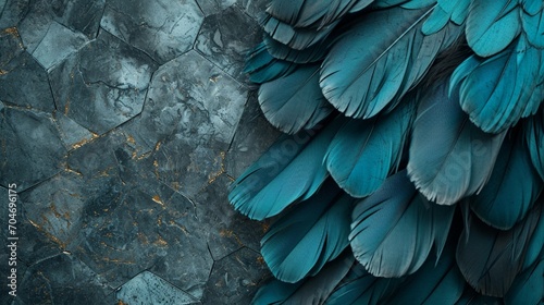 Blue and turquoise feathered wallpaper, blended with grey marble, wood hexagon tiles, white gold details, black seams, Photography, texture-rich,