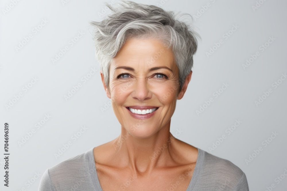 Portrait of happy mature woman with grey hair and beautiful smile. Portrait of happy mature woman with grey hair and beautiful smile.