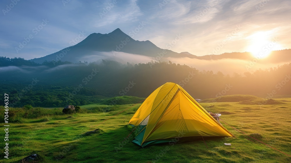 Small Yellow and Green Camping Tent Picnic on green lawn behind mountain sunrise morning sky background, Recreation and outdoor travel concept. 