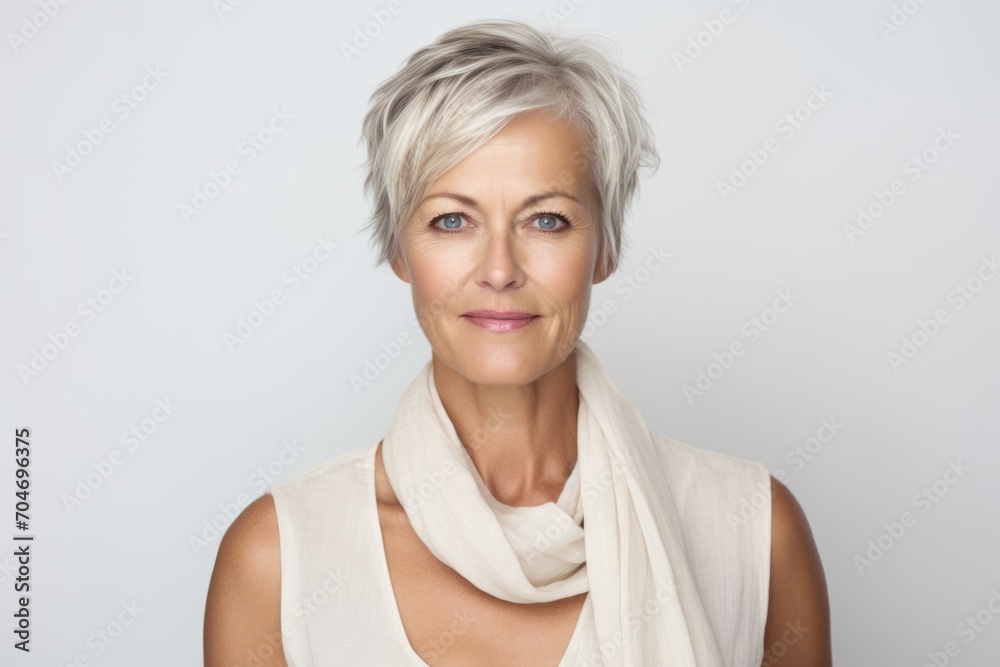 Portrait of a beautiful middle aged woman with short hair wearing a white scarf Portrait of a beautiful middle aged woman with short hair wearing a white scarf