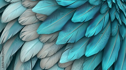 Blue, turquoise, and gray feather design on a light 3D wallpaper, enhanced with the texture of oak and nut wood wickers, Photography, high-resolution texture, © Muhammad