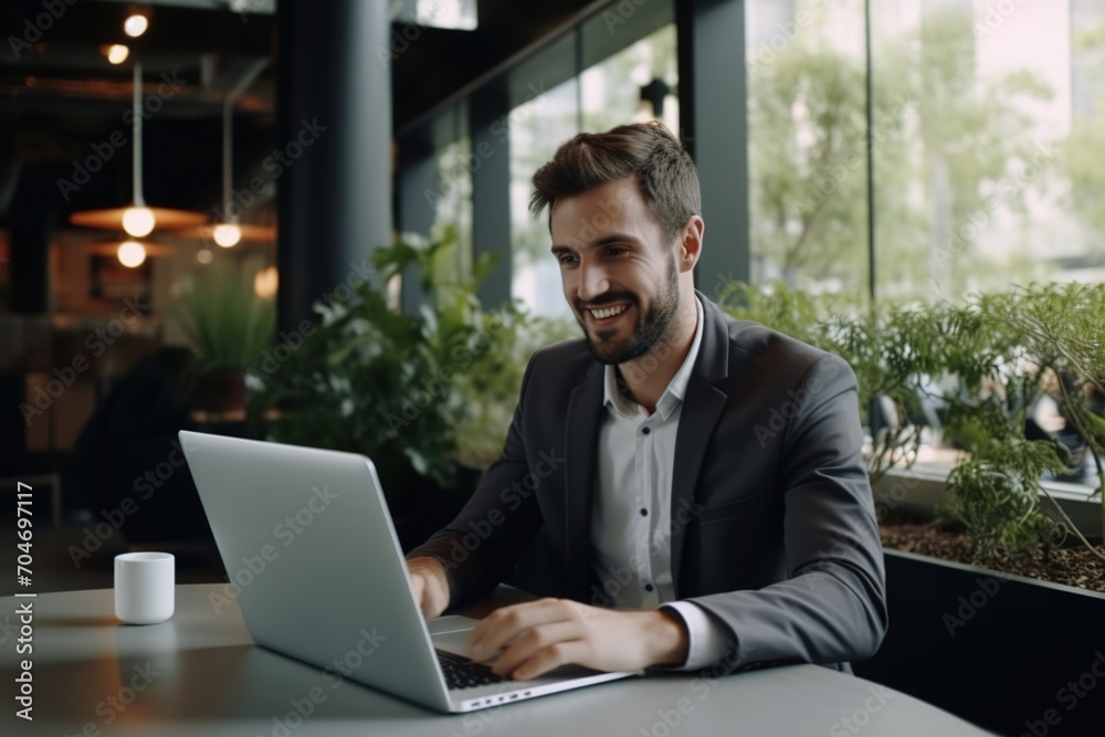 Businessman working on laptop in modern office Businessman working on laptop in modern office
