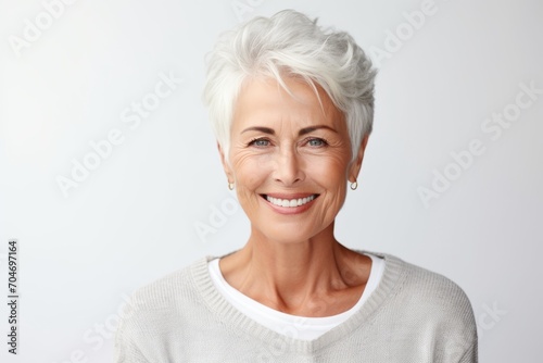 Closeup portrait of a happy senior woman looking at camera over gray background
