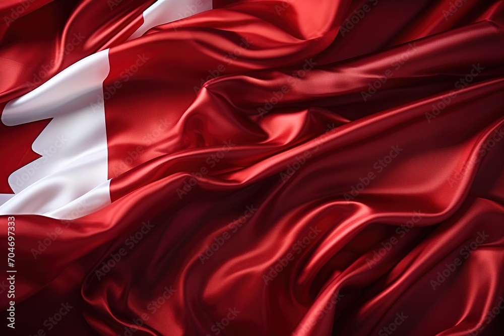 A red and white flag made of silk with a white maple leaf in the upper left corner