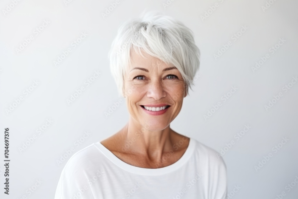 Portrait of happy senior woman smiling at the camera against white background