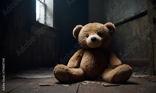 A teddy bear sitting on the floor of a dark, abandoned room. Mysterious, scary place. No love, poverty, fear, child loneliness © Zain