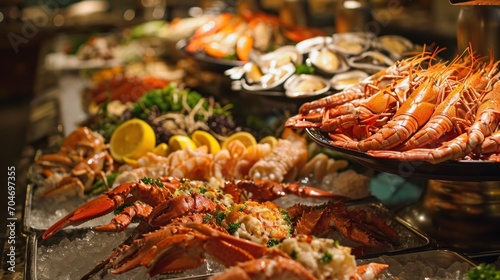  a close up of many different types of seafood on a table with other foods on the side of the table.