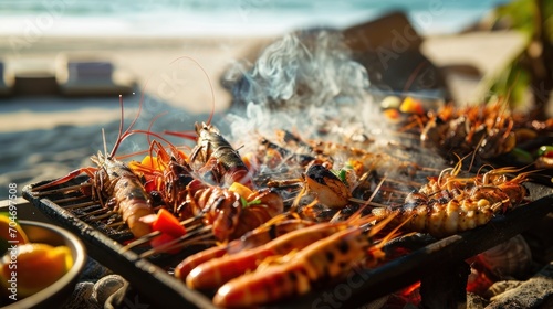  a grill with shrimp, shrimp, and other foods cooking on it next to a beach with a body of water in the background.