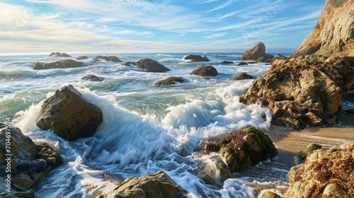  a large body of water sitting next to a rocky beach on top of a lush green forest filled with lots of rocks.