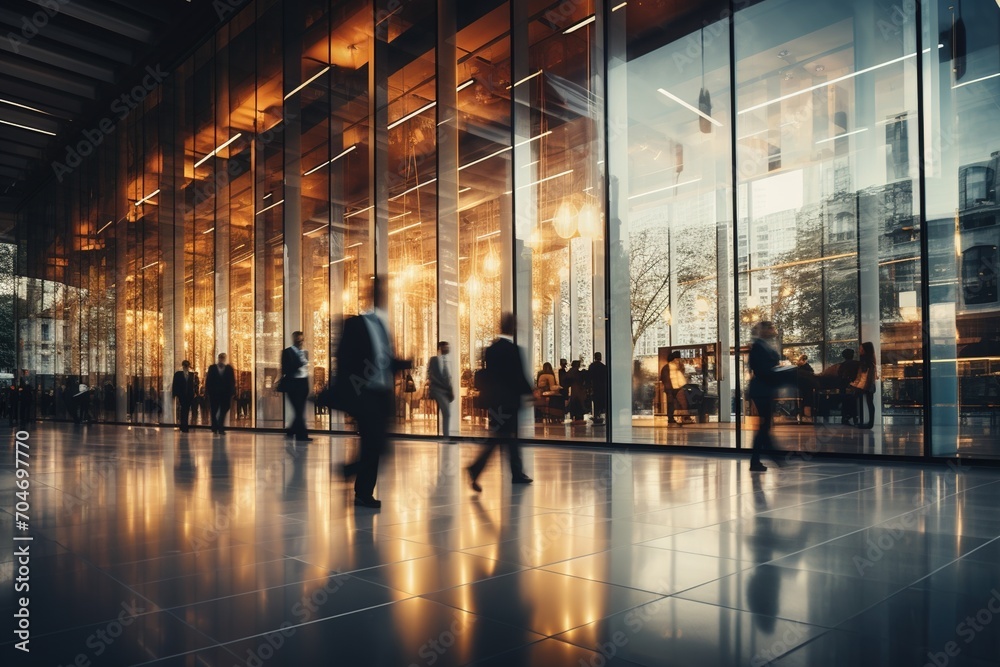 People walking in a modern glass building with reflections People walking in a modern glass building with reflections
