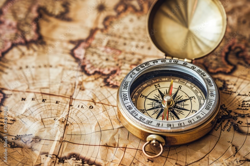 Vintage compass on an old world map