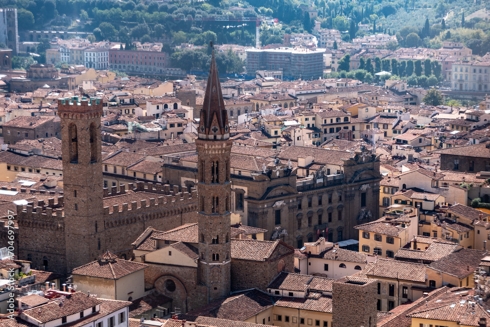 Aerial view of Florence and the monastery Badia Fiorentina and the Bargello museum