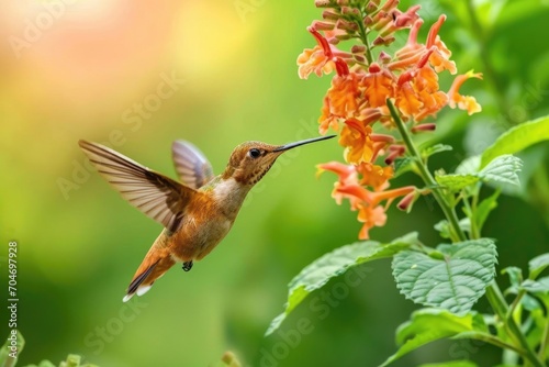 Vibrant hummingbird hovering near a flower