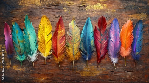 Colorful feather array on brown wood, highlighted by chamfered gold metal, vibrant and rich, Photography, high-resolution texture,