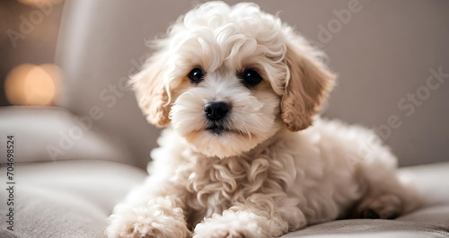 Small toy poodle puppy sitting on grey tiles, Vertical closeup shot of a cute white poodle puppy on a beige textile, Cute puppy of maltipoo dog posing calmly lying isolated over white studio. 