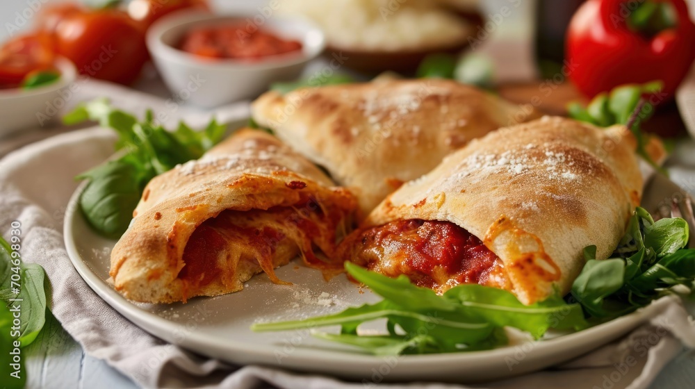 a close up of a plate of food with a piece of pizza in the middle of the plate and a bowl of sauce in the background. a close up of a plate of food with a piece of pizza in the middle of the plate and a bowl of sauce in the background.