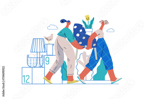 Mutual Support: Assistance with Moving -modern flat vector concept illustration of women collaboratively moving household items A metaphor of voluntary, collaborative exchanges of resource, services