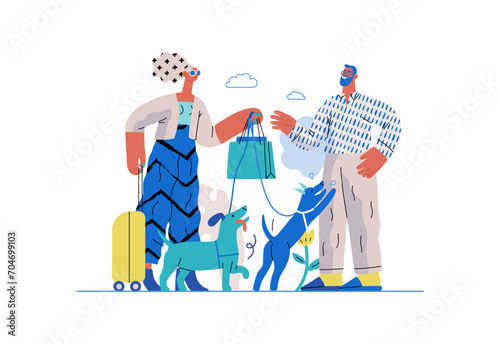 Mutual Support: Pet-sitting -modern flat vector concept illustration of a woman going on vacation leaving her dogs with neighbor. A metaphor of voluntary, collaborative exchanges of resource, services
