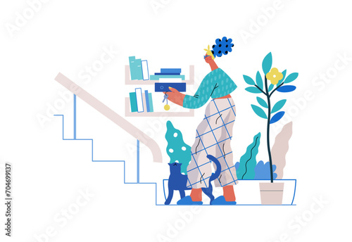 Mutual Support: Book Swap -modern flat vector concept illustration of a woman leaving books on a shelf in hallway for neighbors A metaphor of voluntary, collaborative exchanges of resource, services