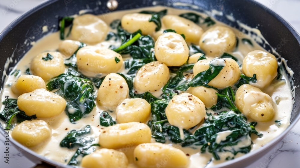 a close up of a pan of food with broccoli and gnocchini in a cream sauce. a close up of a pan of food with broccoli and gnocchini in a cream sauce.