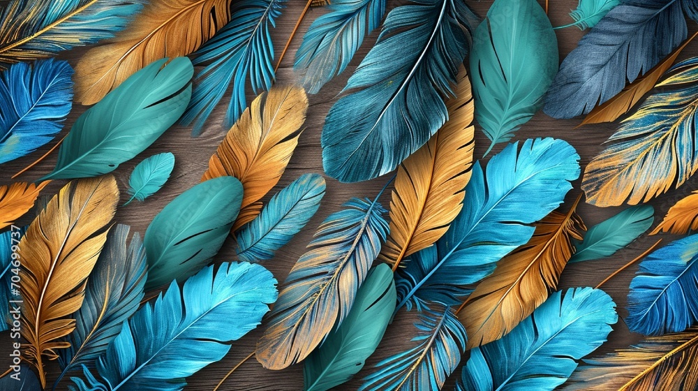 Feather design in blue, turquoise, gold on light 3D wallpaper, oak and nut wood wicker accents, Illustration, high-quality seamless texture, Feather design in blue, turquoise, gold on light 3D wallpaper, oak and nut wood wicker accents, Illustration, high-quality seamless texture,