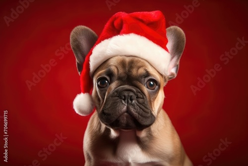 dog in Christmas hat in red background