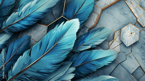 Feather design in blue, turquoise on light 3D wallpaper, accented with grey marble, wood hexagon tiles, white gold decor, black seams, Illustration, high-detail texture,