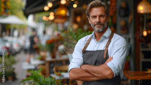 Portrait of a Caucasian cafe owner standing in front of the cafe