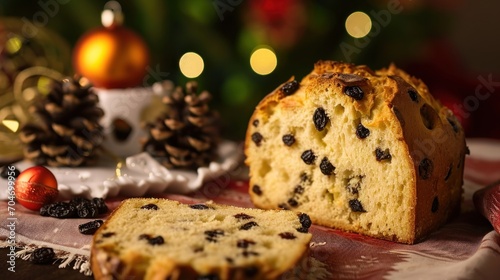  a loaf of bread sitting on top of a table next to a plate with a piece of cake on it.