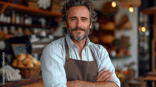 Portrait of a Caucasian cafe owner standing in front of the cafe