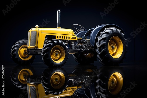 A yellow and blue tractor isolated on a black background photo
