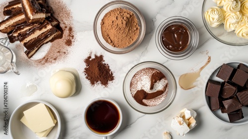  a table topped with bowls filled with different types of chocolate and marshmallows on top of a white counter.