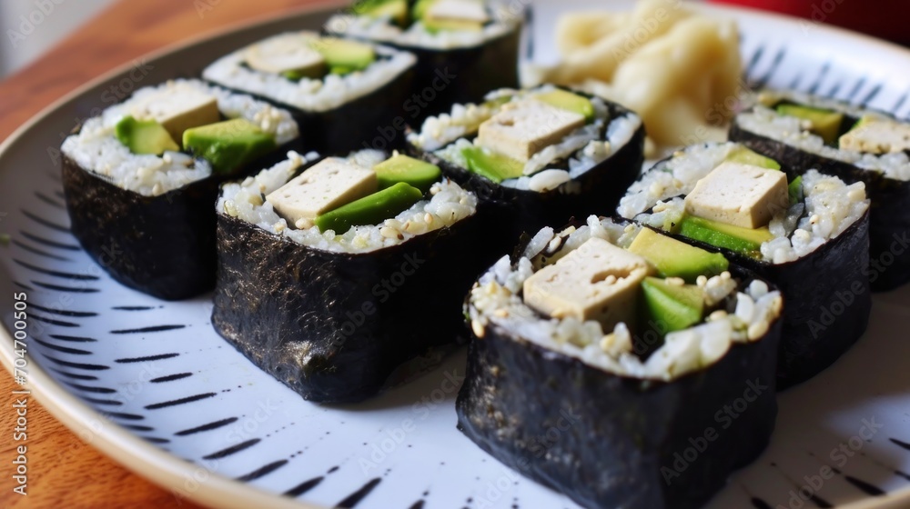 a plate of sushi on a table with chopsticks and a small bowl of dipping sauce on the side. a plate of sushi on a table with chopsticks and a small bowl of dipping sauce on the side.