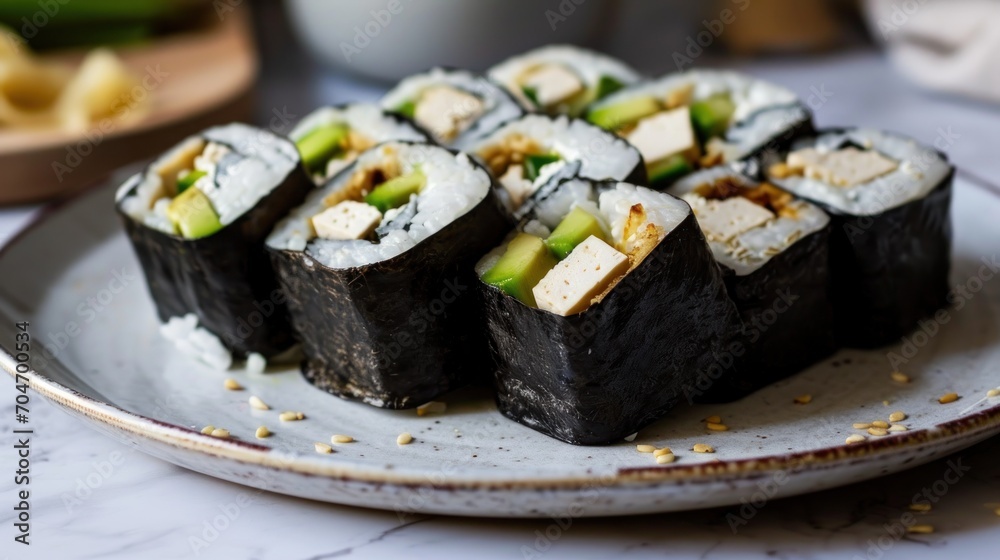 a plate of sushi with cucumbers and other ingredients on a white tablecloth next to a bowl of noodles. a plate of sushi with cucumbers and other ingredients on a white tablecloth next to a bowl of noodles.