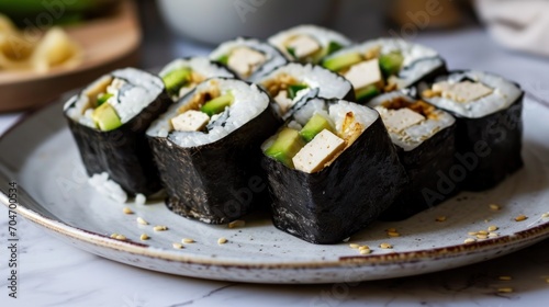  a plate of sushi with cucumbers and other ingredients on a white tablecloth next to a bowl of noodles.