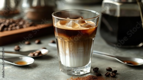  a glass of iced coffee with ice cubes and coffee beans on a table next to a spoon and a cup of coffee.