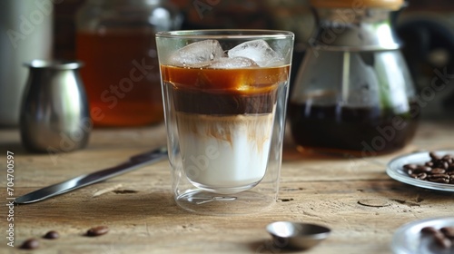  a glass filled with liquid sitting on top of a wooden table next to a spoon and a cup of coffee.