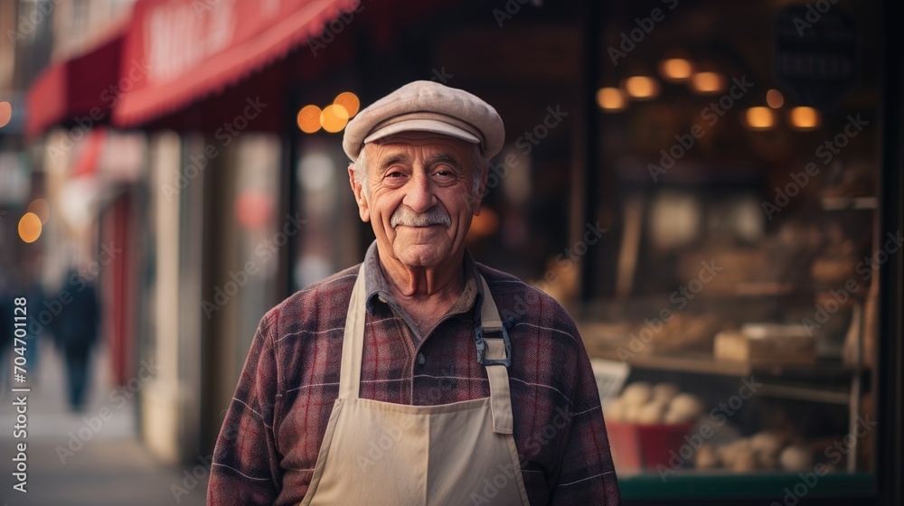 American senior male standing in front of bakery