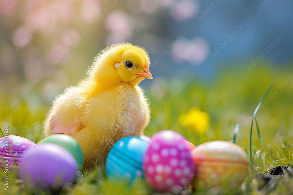 Spring chickens are hatching eggs in the nest,outside world is in a beautiful spring. Happy Easter