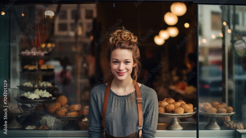 American young female standing in front of bakery 