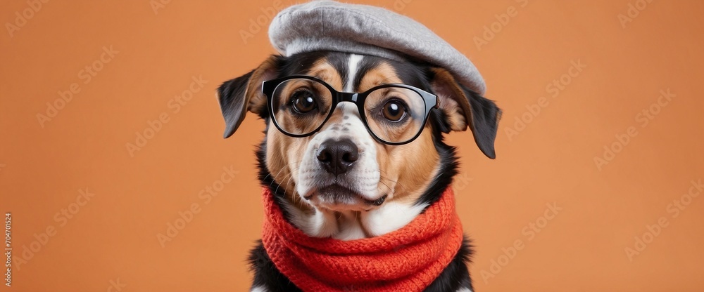 Dog wearing clear glasses, scarf and beret, on an orange background. Generative AI
