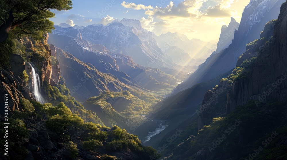  a painting of a mountain valley with a waterfall in the middle of the valley and sun shining through the clouds.