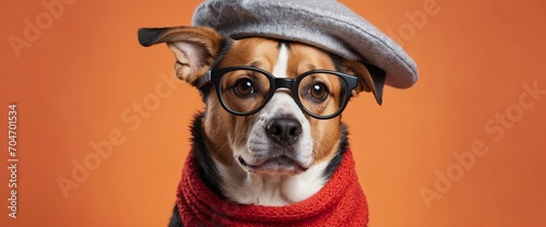 Dog wearing clear glasses, scarf and beret, on an orange background. Generative AI © CZALBERTO