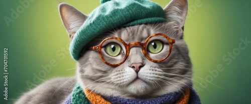 Gray cat watching green scarf and hat knitted in wool with glasses. Generative AI