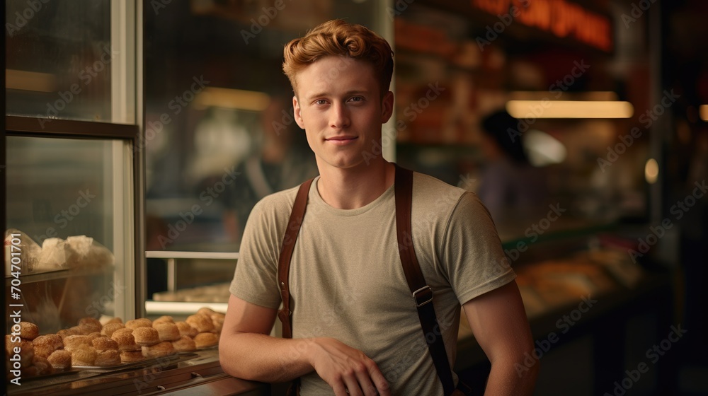 American young male standing in front of bakery