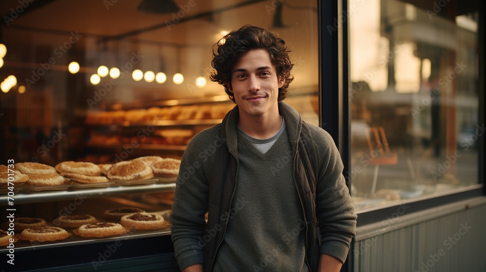 Fototapeta premium American young male standing in front of bakery