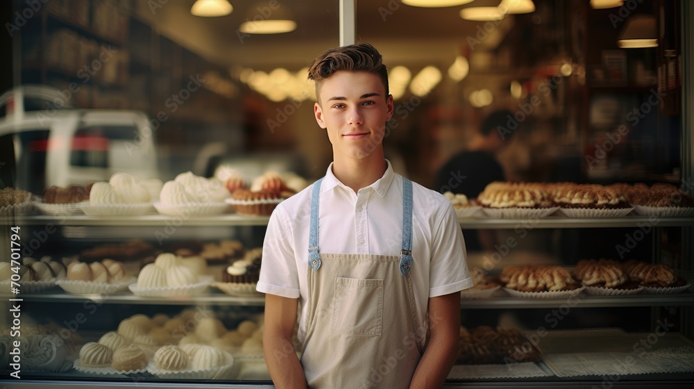 American young male standing in front of bakery